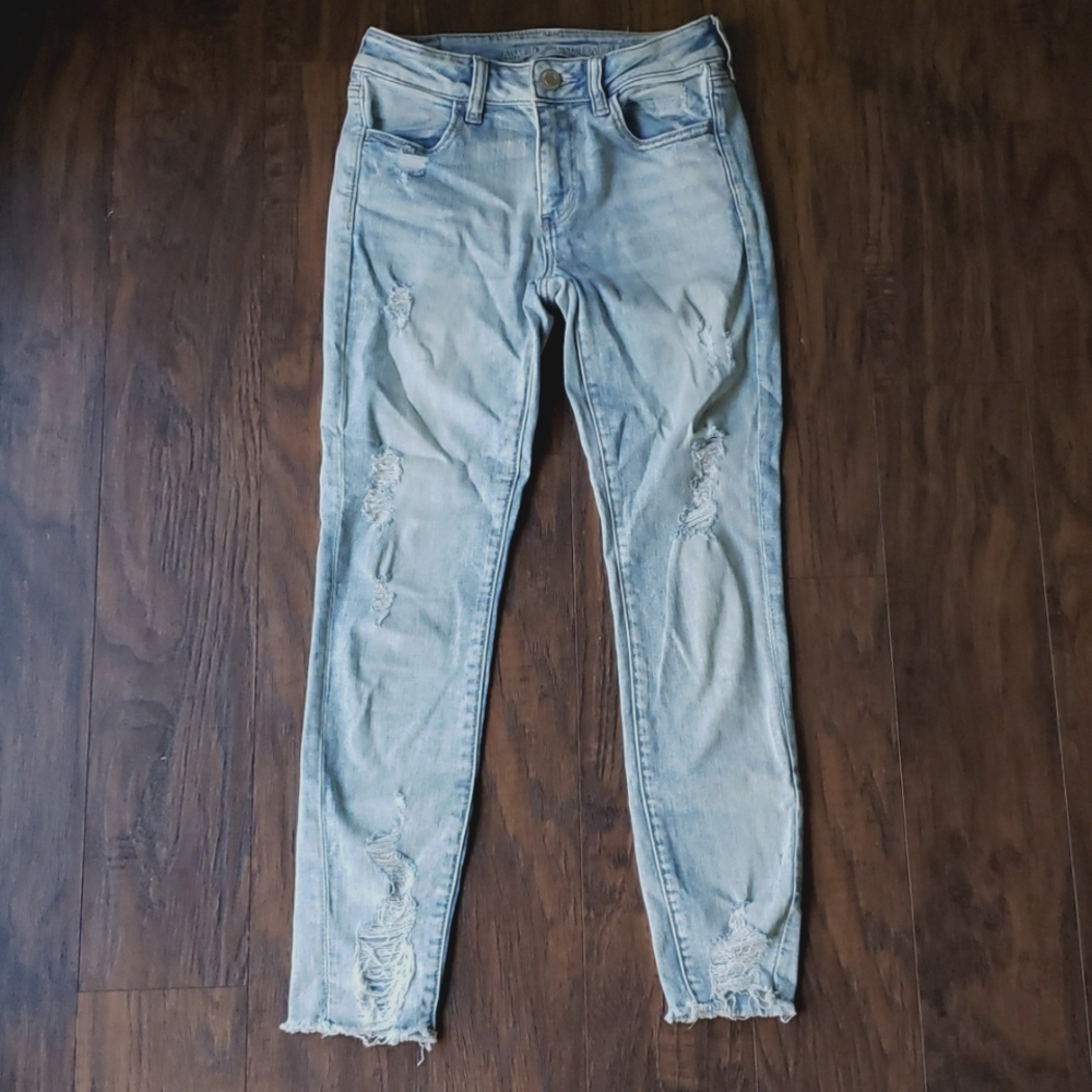 American Eagle Next Level Stretch Ankle Jeans sz4 x 26.5" long acid wash ripped